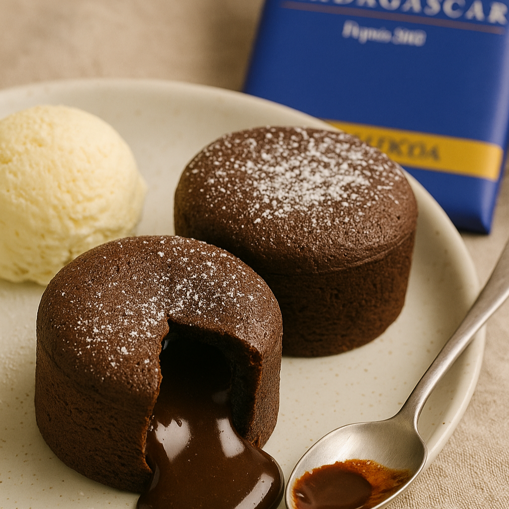 Chocolate lava cake cut open on a plate with molten chocolate flowing out, served beside a second whole fondant, a scoop of vanilla ice cream, and a spoon, with a blurred Chocolat Madagascar 80% Milk Chocolate bar in the background.